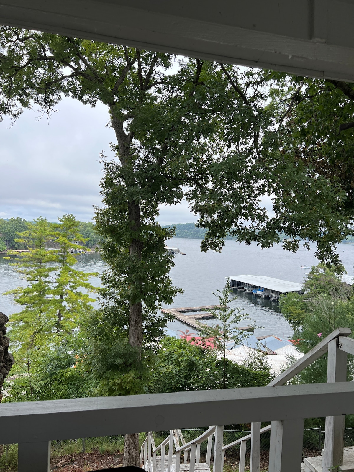 A serene view of the lake is framed by lush trees. The water appears calm with a boat in the distance, and a covered dock is visible along the shore. Steps lead down towards the water's edge, inviting exploration.