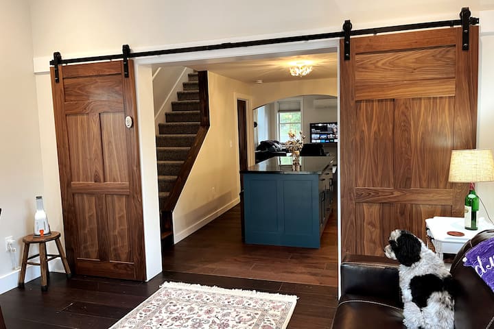 迷人的家庭房，配有定制谷仓门，将后甲板与厨房相连。