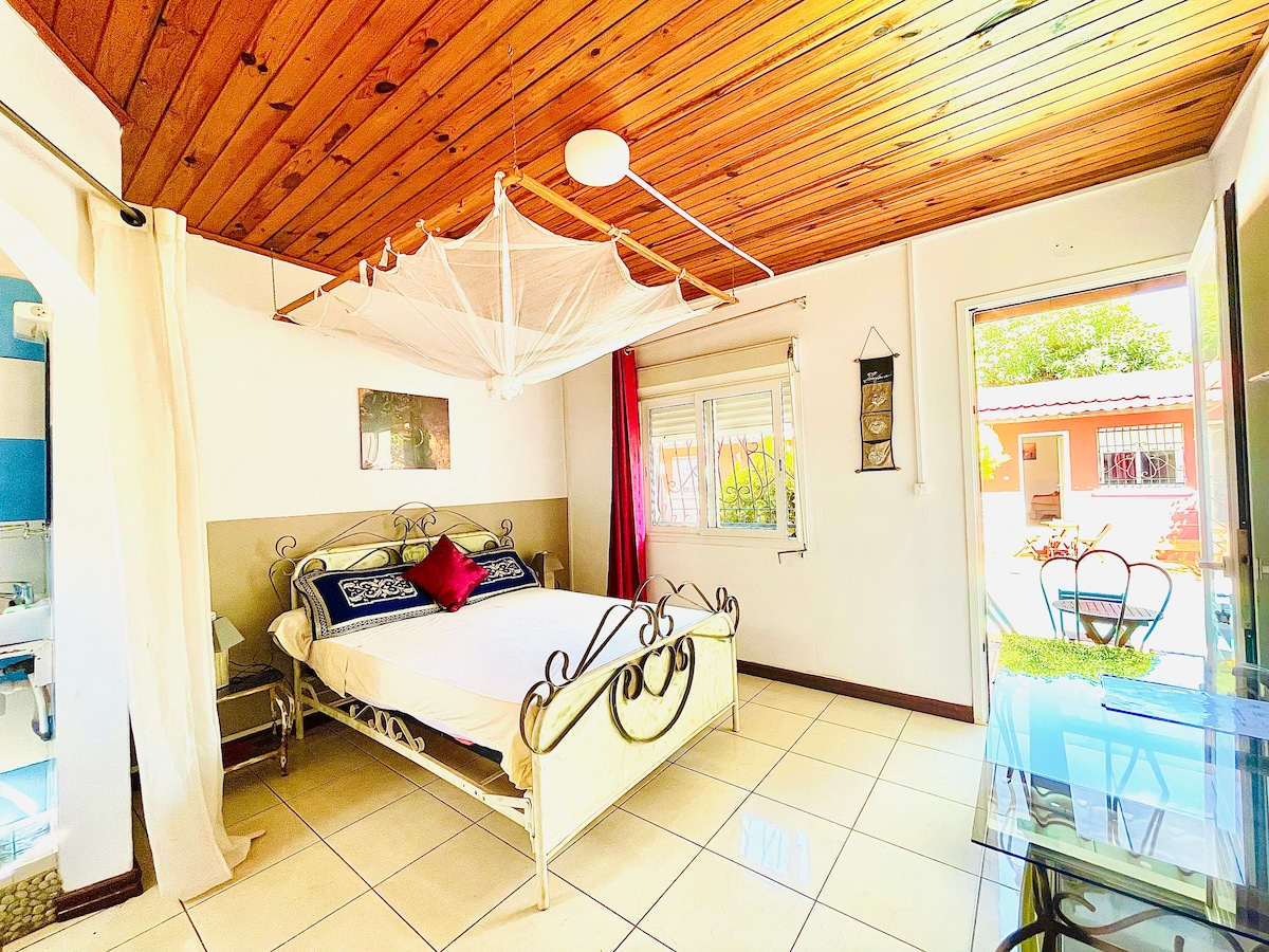 A well-lit bedroom features a metal-framed bed with white bedding and decorative pillows. A canopy hangs above the bed. Natural light filters through a window beside a door that opens to an outdoor area. Two art pieces adorn the walls, adding subtle decor.