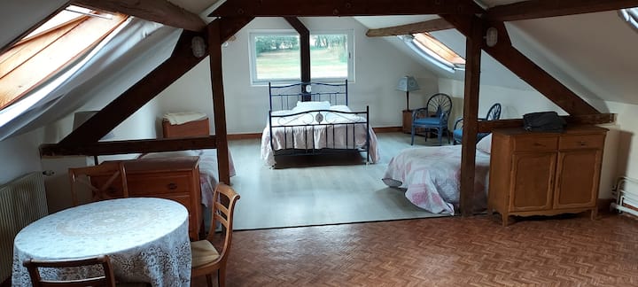 Dormitorio 5 en el ático, 1 cama doble, 2 camas individuales