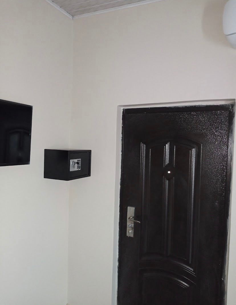 The entryway features a dark wooden door with a round peephole and a sleek metal handle. A small black wall-mounted shelf is positioned beside the door, with a framed picture displayed on it. A flat-screen television is mounted on the opposite wall.
