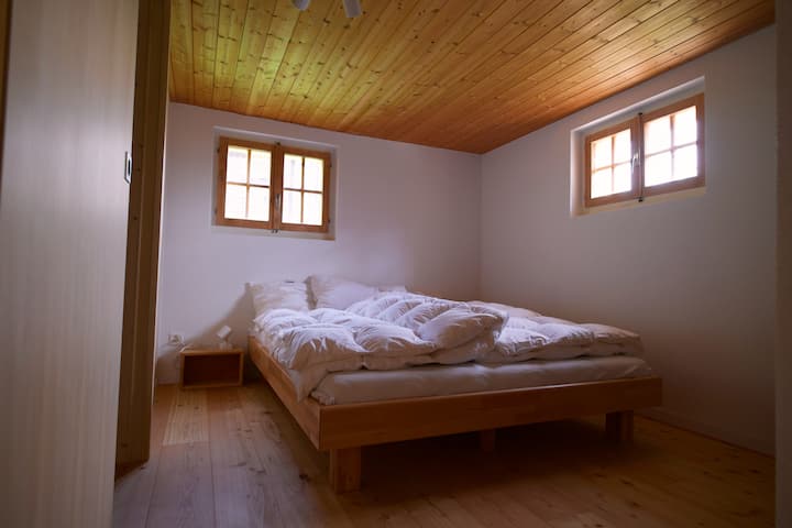 一楼卧室配备一张双人床 卫生间和「洗衣房」角在图片左侧。