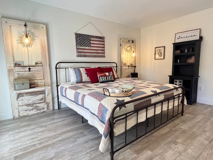 Antique doors have been upcycled into nightstands.