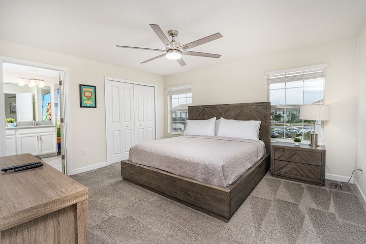 This room upstairs boasts a California King bed and a private bathroom.