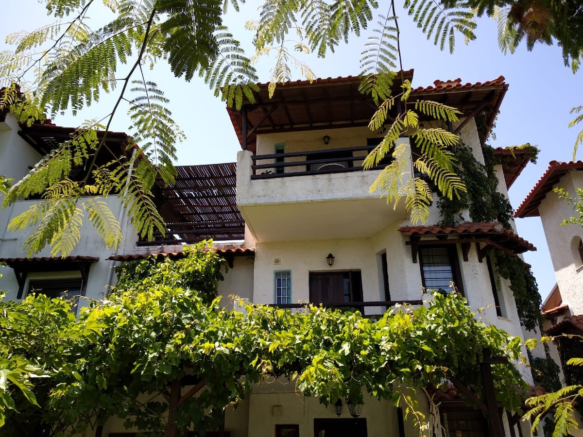 The two-story maisonette is framed by lush greenery, featuring a terracotta-tiled roof and wooden balconies. Ivy climbs along the exterior walls, while a canopy of leaves provides shade in the foreground. Clear skies and sunlight enhance the inviting atmosphere of this charming getaway.
