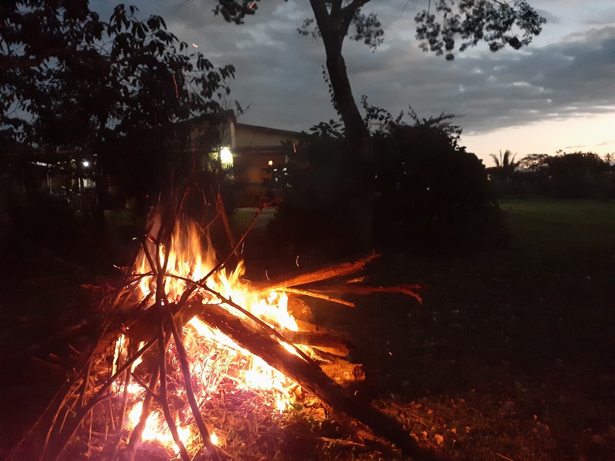 A campfire blazes brightly, casting warm light amidst a dimly lit outdoor space. Stacks of wooden logs create a focal point, with smoke rising gently into the evening sky. Nearby, dark silhouettes of trees and structures can be detected, enhancing the serene ambiance.