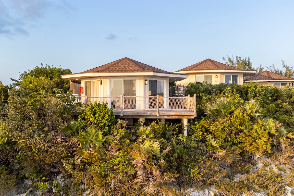 Two treehouse-style buildings are situated among lush greenery, elevated on stilts. Large glass windows allow natural light to fill the interiors, while a spacious deck provides a vantage point for enjoying ocean views and surrounding tropical flora.