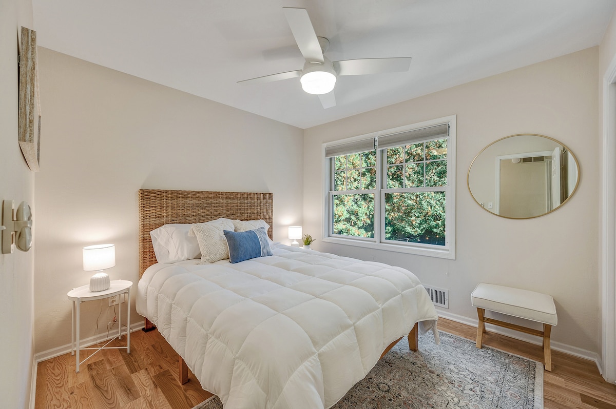 Second floor bedroom with Queen bed and blackout blinds