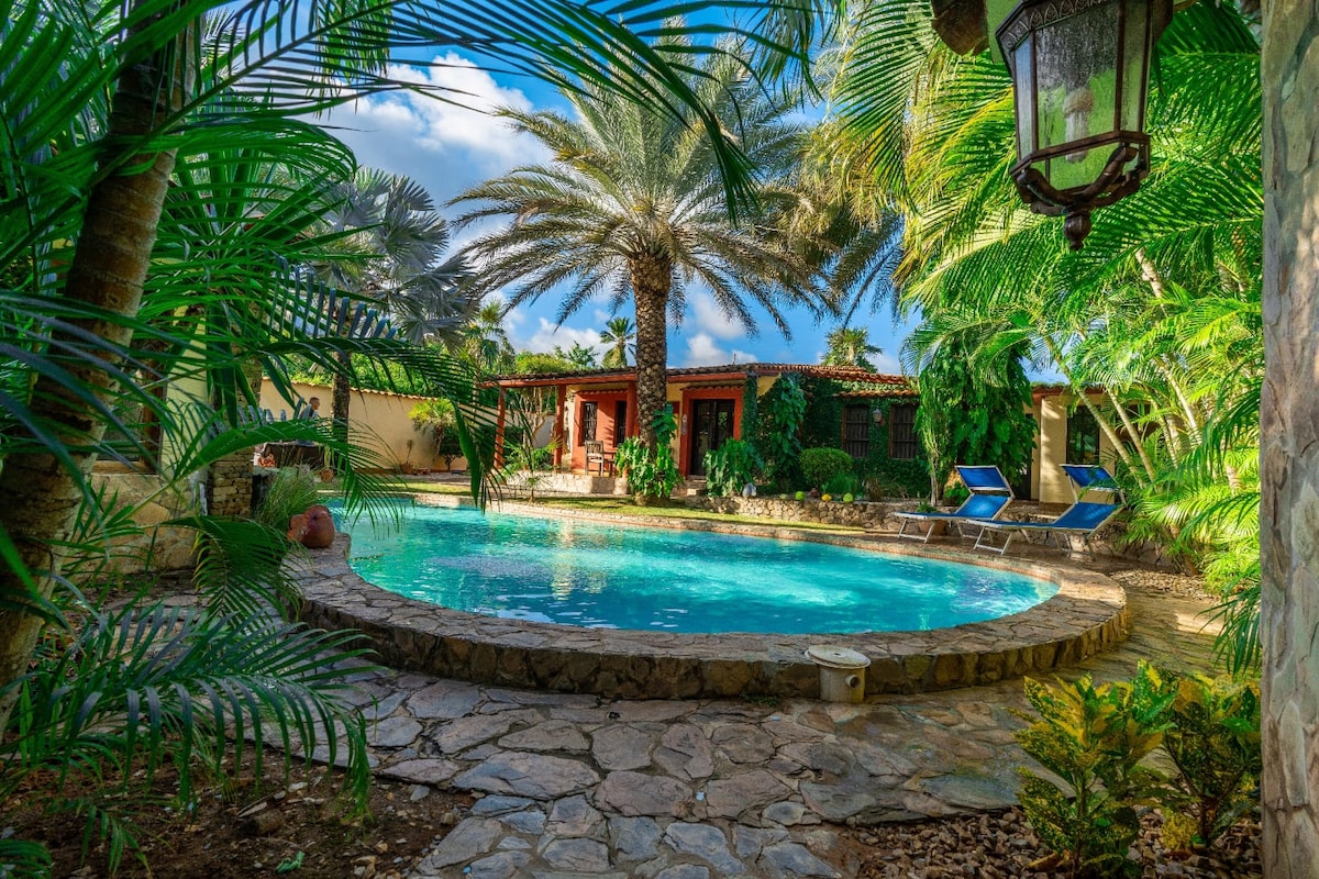 A refreshing circular pool is surrounded by lush palm trees and vibrant green foliage. Stone pathways lead to the pool area, and lounge chairs are positioned nearby. A warm, inviting ambiance is created by the natural light filtering through the tropical plants.