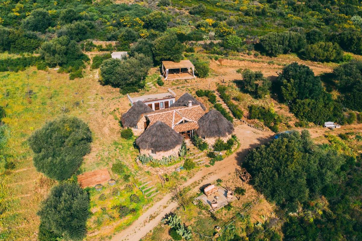 An aerial view captures four circular stone and wood huts with conical roofs, surrounded by lush greenery. Pathways meander through the landscape, leading to well-maintained gardens. Vintage seating areas and a structure with an outdoor roof are visible, set amidst the serene, natural environment.