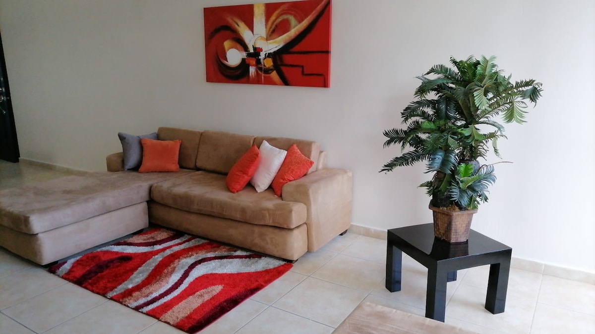 A comfortable living area features a neutral-colored sectional sofa adorned with bright cushions in shades of orange and grey. A vibrant area rug with swirling patterns complements the space. A decorative potted plant adds a touch of greenery beside a simple black side table.