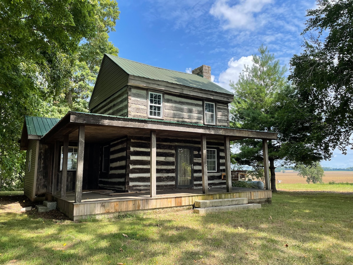 The exterior of a rustic cabin features a combination of log siding and a green metal roof. A spacious covered porch welcomes guests, with large columns supporting the overhang. Surrounding trees provide shade and natural beauty, enhancing the serene rural setting.