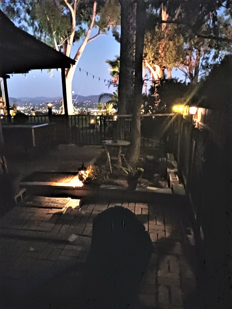 A serene outdoor space is illuminated by soft lighting, featuring stone pathways and gentle landscaping. A fence encloses the area, with tall trees and distant views of city lights enhancing the nighttime ambiance. A small table is present among the evening setting.