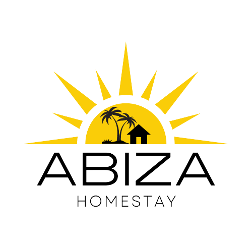 A logo featuring a rising sun with rays extending outward. Silhouetted within the sun is a palm tree and a small house, all presented in black against a yellow background. The text 'ABIZA HOMESTAY' is displayed prominently below the graphic.