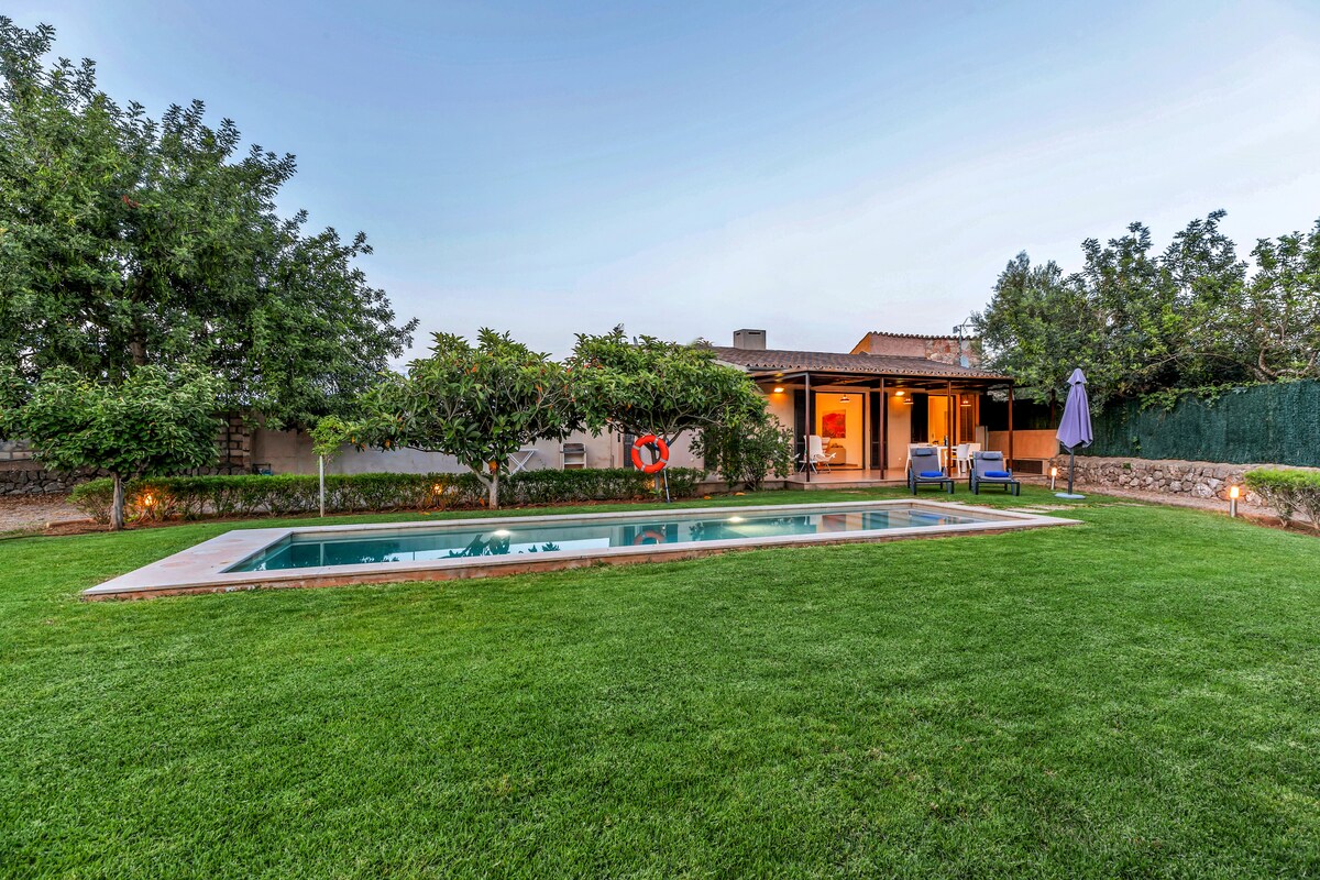 A spacious outdoor area features a well-maintained lawn surrounded by fruit trees. A rectangular swimming pool is positioned in the center, offering a clear view of the house with a warm exterior. Comfortable seating is arranged nearby, with a sun umbrella for shade.