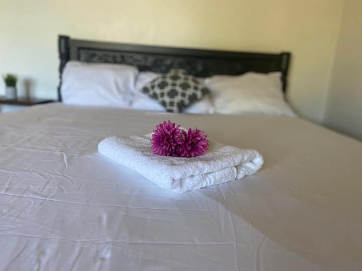 Kitanda aina ya King katika chumba kikuu cha kulala chenye nafasi kubwa.