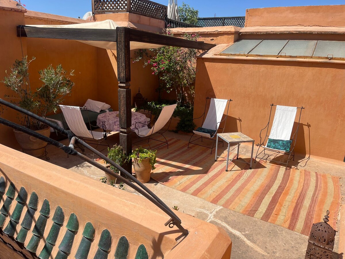 An outdoor terrace is highlighted by a sandy-colored wall and adorned with greenery. Seating arrangements include two loungers and a small table surrounded by plants. A striped rug adds texture to the space, while a partially covered area provides shade.