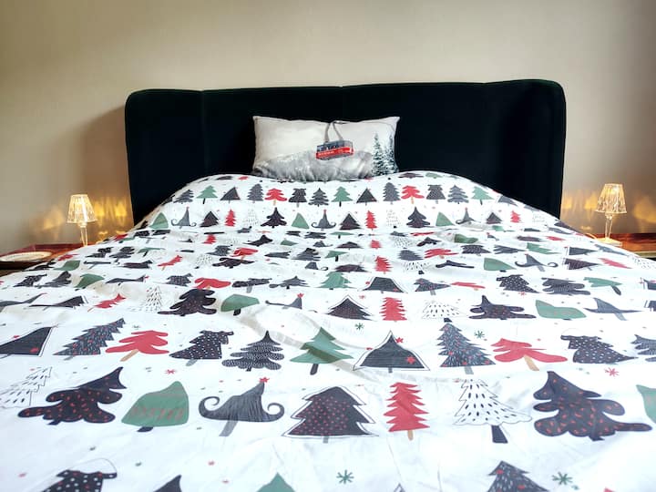 Chambre cosy avec lit double, offrant un espace reposant alliant confort et simplicité pour des nuits sereines.