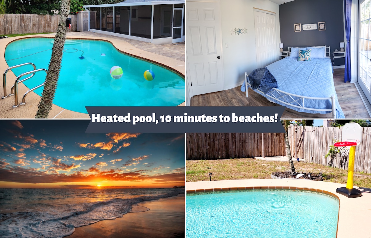 A private heated pool is surrounded by a spacious patio, featuring lounge chairs and poolside decor. A cozy bedroom is visible, featuring a neatly made spacious bed against a neutral wall. An outdoor area captures a sunset over the ocean, emphasizing the proximity to nearby beaches.