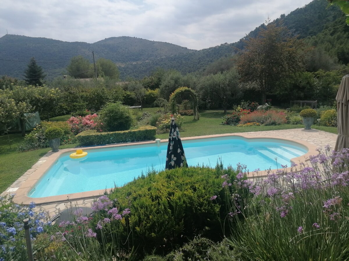 A tranquil pool is set within a lush garden featuring vibrant flowers and greenery. Surrounding the pool, a variety of plants and trees offers a serene landscape, while distant hills provide a natural backdrop under a partly cloudy sky.