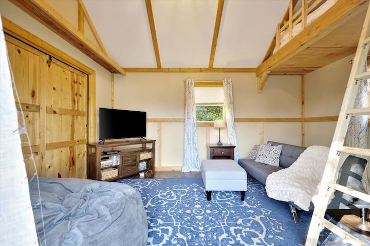 غرفة منفصلة، مقفلة، غرفة ترفيهية مع فوتون، كيس حب، وسرير علوي يمكن استخدامه كغرفة نوم رابعة اختيارية. 