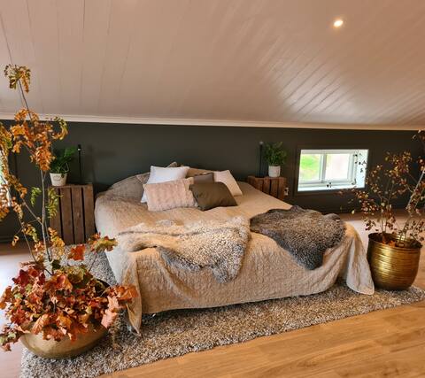 Mysig lägenhet med öppen planlösning på hästgård.