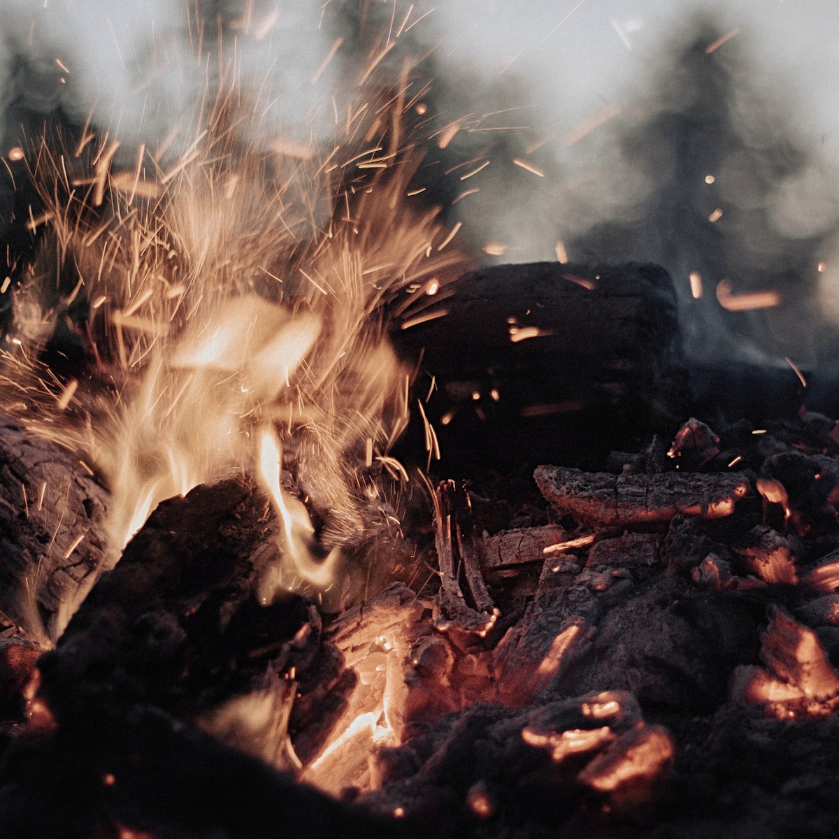 Flickering flames are captured in motion, sending sparks upward into the air. The embers glow warmly, surrounded by charred logs and ashes, creating a rustic ambiance. Soft hues of orange and red dominate the scene, reflecting the communal warmth of a campfire setting.
