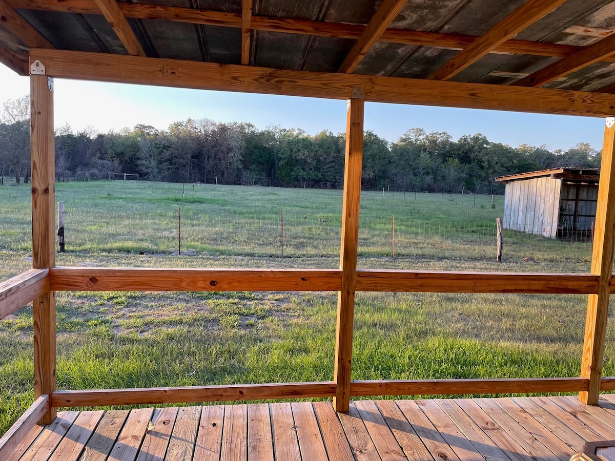 A wooden porch area features a sturdy railing, offering a view of a grassy field and distant trees. A rustic shed can be seen in the background against a clear sky. The wooden flooring extends across the porch, inviting relaxation.