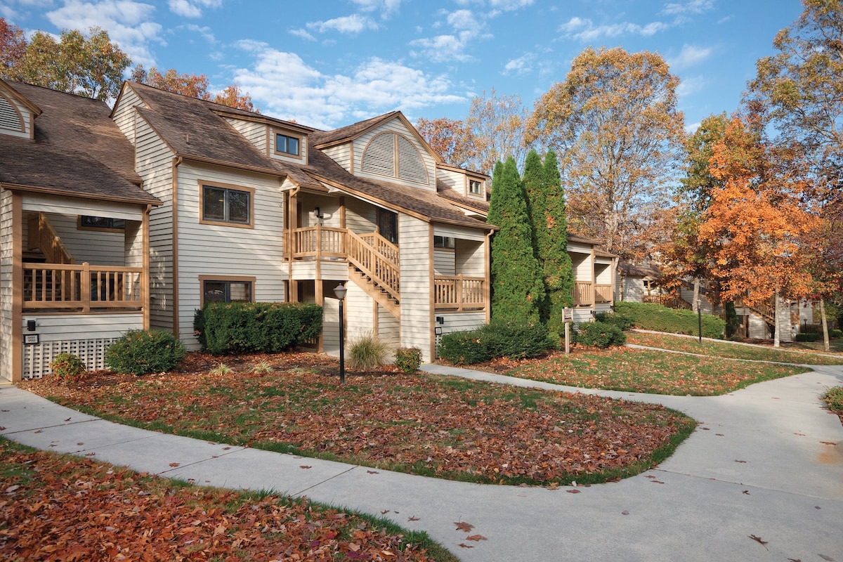 The exterior of a multi-story building is framed by vibrant autumn foliage. Walkways lined with fallen leaves lead to the entrance, where a wooden staircase enhances the welcoming appearance. Lush green shrubs and landscaped areas provide a natural aesthetic.