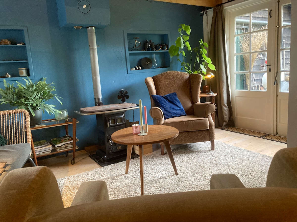 A cozy corner features a brown armchair beside a small round table, both positioned on a soft area rug. A wood-burning stove stands against a blue wall, complemented by shelves displaying decorative items. Natural light enters through double doors adorned with blinds.