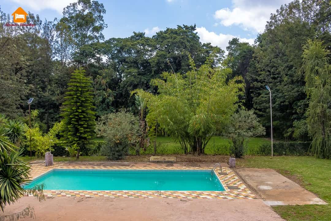 A bright outdoor swimming pool is set amidst lush greenery, surrounded by various trees and shrubs. Sunlight reflects off the clear water, while the pool area features a tiled border and nearby benches. Soft grass and a well-maintained lawn enhance the natural surroundings.