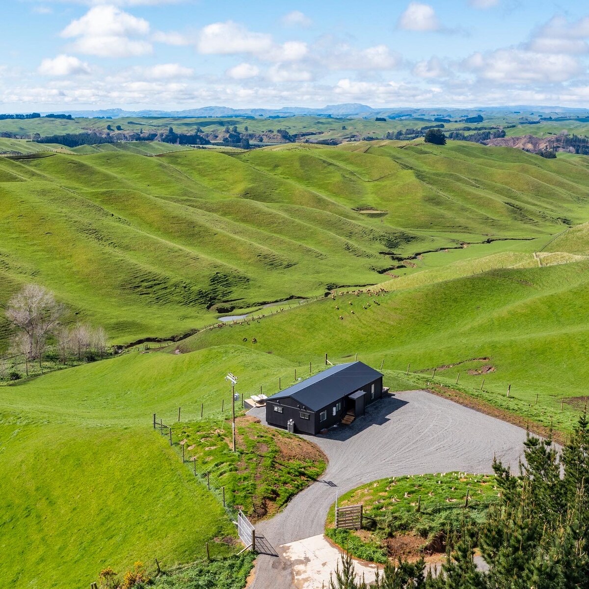 The image captures a modern black home situated on a gentle hillside, surrounded by vibrant green pastures. Rolling hills extend into the distance beneath a blue sky dotted with clouds. A gravel driveway leads to the house, emphasizing the serene rural landscape.