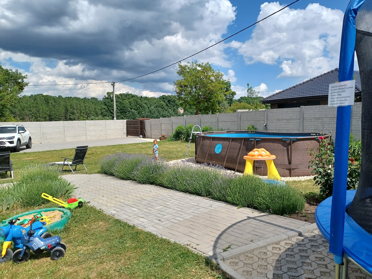 A spacious outdoor area features a large above-ground pool surrounded by a grassy lawn, a sandpit for children, and a trampoline. Lavenders line the walkway, leading to seating areas with lounge chairs. A car is parked nearby, with trees in the background under a partly cloudy sky.