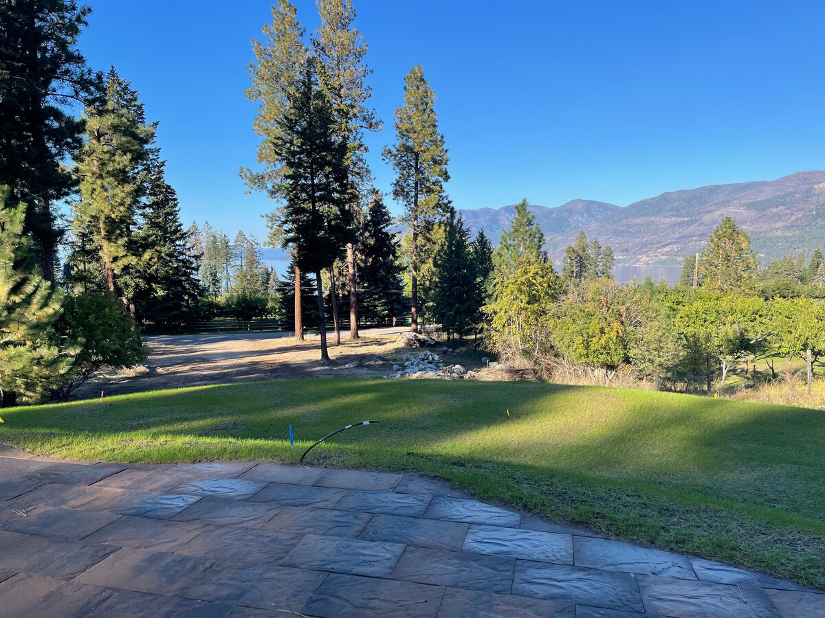 A scenic view showcases a lush green lawn framed by trees and mountains in the distance. The landscape features a gravel pathway leading into the natural surroundings, while the clear blue sky adds to the tranquil atmosphere. Natural light creates gentle shadows on the ground.