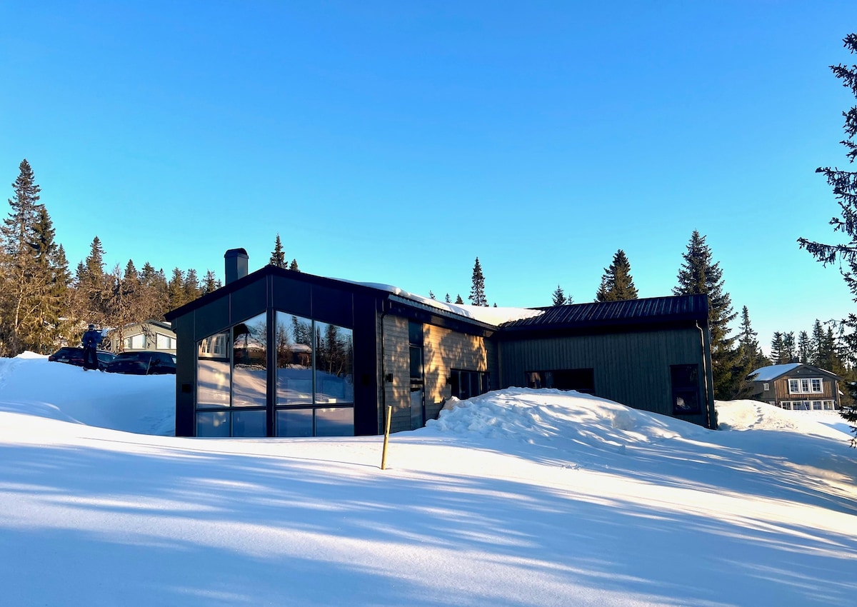 The exterior of the cabin is showcased against a clear blue sky, featuring large glass windows that reflect the surrounding snow-covered landscape. The cabin's modern design is complemented by the natural backdrop, with trees visible in the distance.