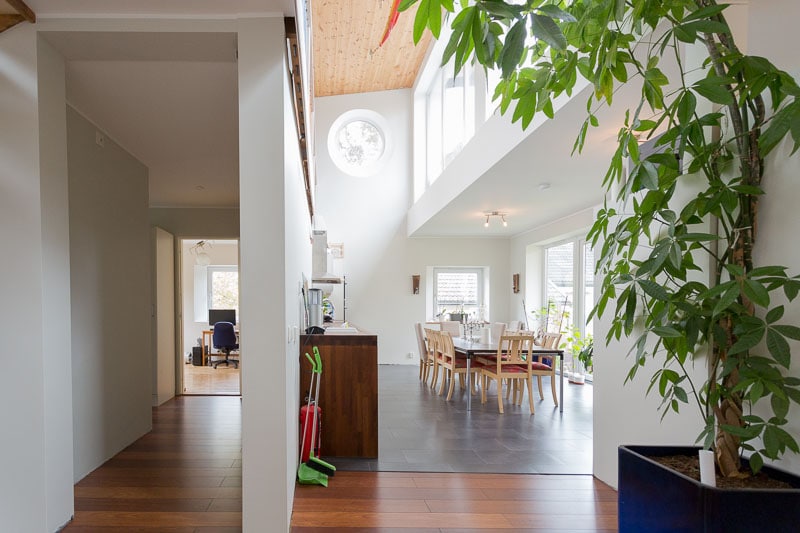 A spacious open layout is seen, featuring a dining area with a large table surrounded by chairs. Natural light enters through large windows, highlighting a potted plant positioned nearby. The warm wood flooring contrasts with the modern decor, creating a welcoming space.