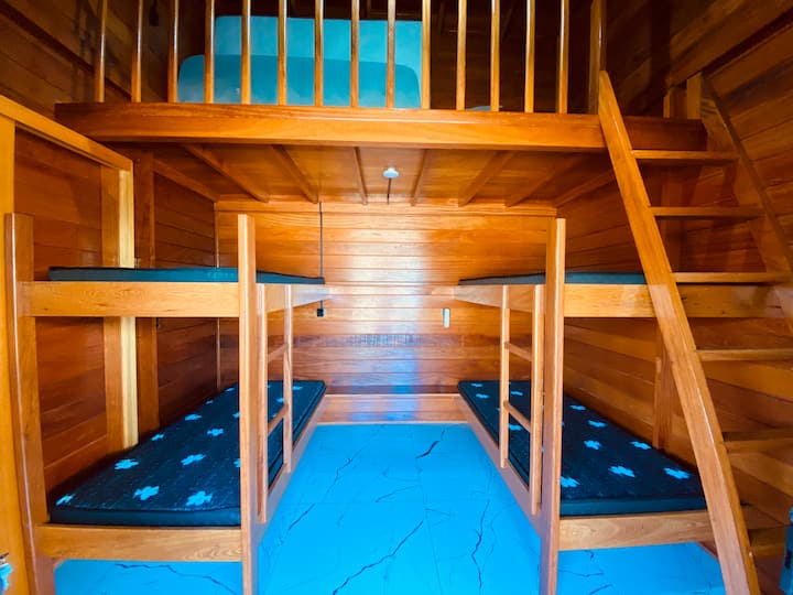 Dormitorio con alpiso y literas con vistas al patio.