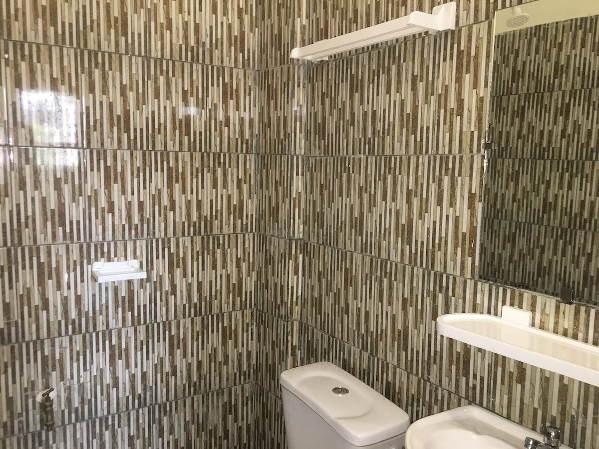A modern bathroom is shown, featuring a toilet and a sink. The walls are adorned with patterned tiles in muted earth tones. A mirror is mounted above the sink, and a small shelf is visible above it, providing additional storage.