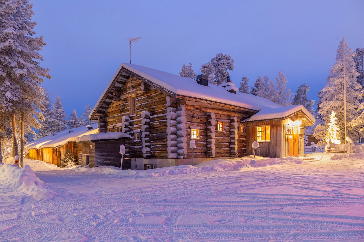 A traditional log cabin is set against a snowy landscape, illuminated by soft outdoor lighting. The structure features a gabled roof and multiple windows, reflecting the serene winter ambiance. Surrounding trees are dusted with snow, enhancing the cabin's natural surroundings.