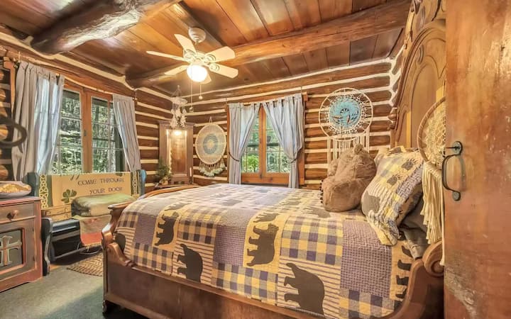 One of the three bedrooms, this one with a full bed, is on the first floor.