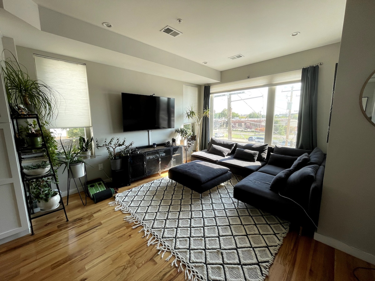 A contemporary living room features a large sectional sofa arranged over a patterned area rug. Sunlight filters through floor-to-ceiling windows, illuminating a collection of indoor plants. A television is mounted on the wall, with a console beneath and a view of the surrounding neighborhood.