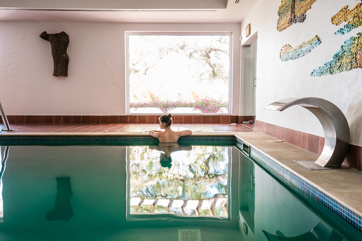 A serene indoor pool is shown, with a guest relaxing at the edge. Natural light filters through a large window, reflecting on the water. A unique wall sculpture adds character to the space, enhancing the overall calm ambiance.