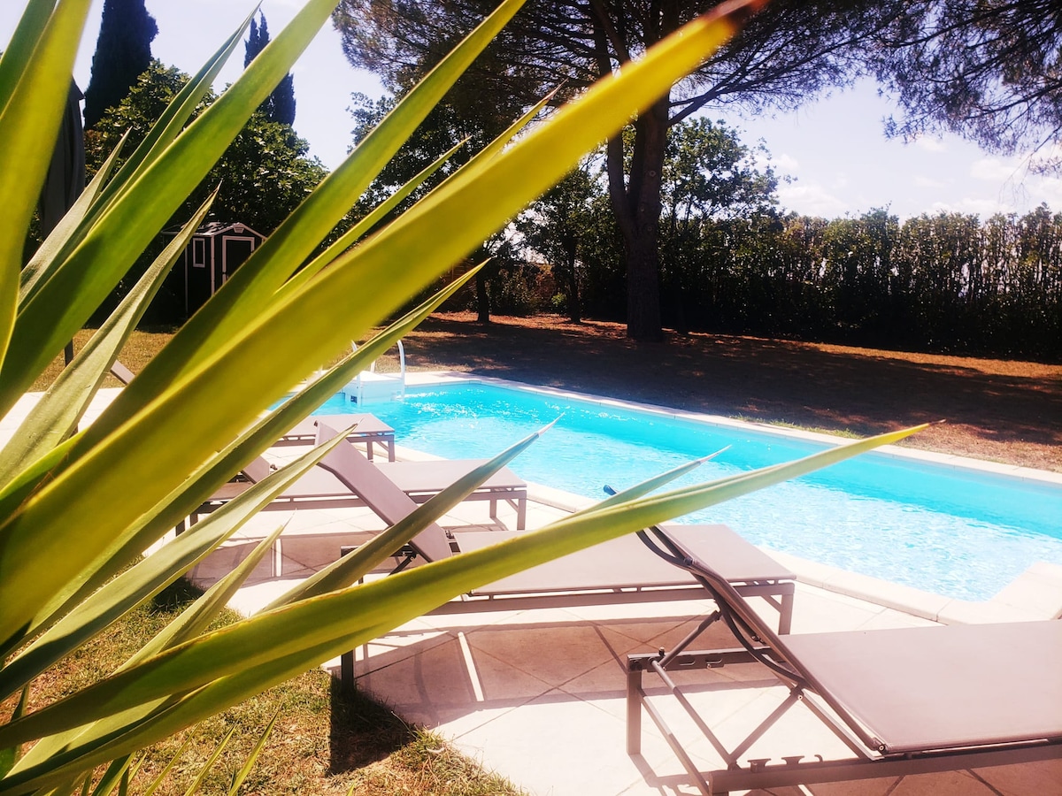 The pool area features a crystal-clear swimming pool bordered by elegant lounge chairs. Lush greenery provides shade and privacy, enhancing the serene outdoor environment. The space is designed for relaxation, inviting guests to enjoy the tranquil surroundings.