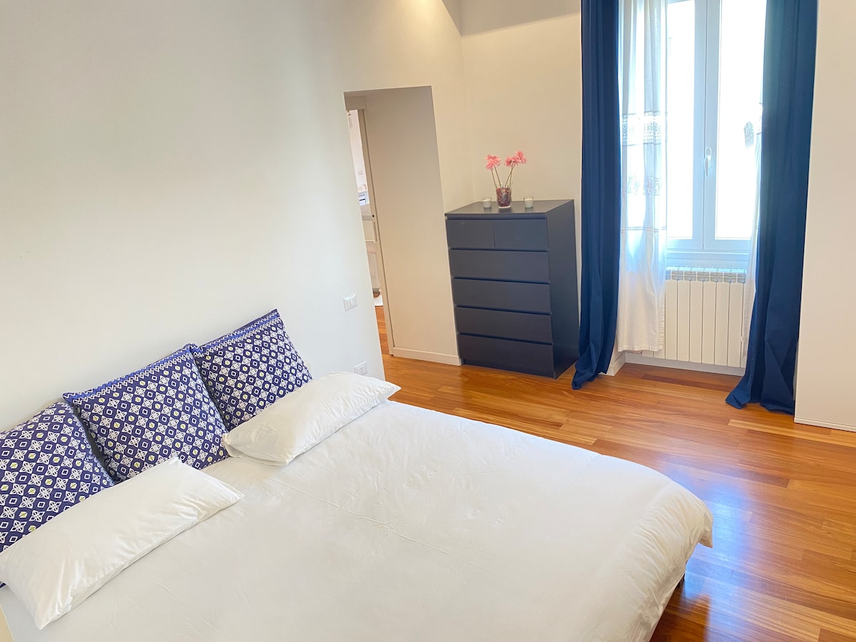 A bright bedroom is presented with a spacious bed featuring patterned blue and white pillows. Natural light enters through the large window, complemented by white curtains. A dark dresser is positioned against the wall, enhancing the room's minimalist design and warm wooden flooring.