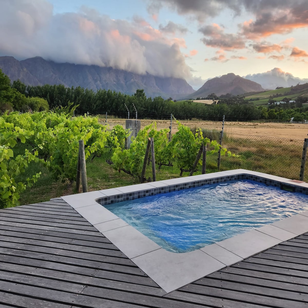 A private plunge pool with a stone surround is set on a wooden deck. Lush vineyards line the foreground, while distant mountains create a dramatic backdrop under a cloudy sky at sunset.