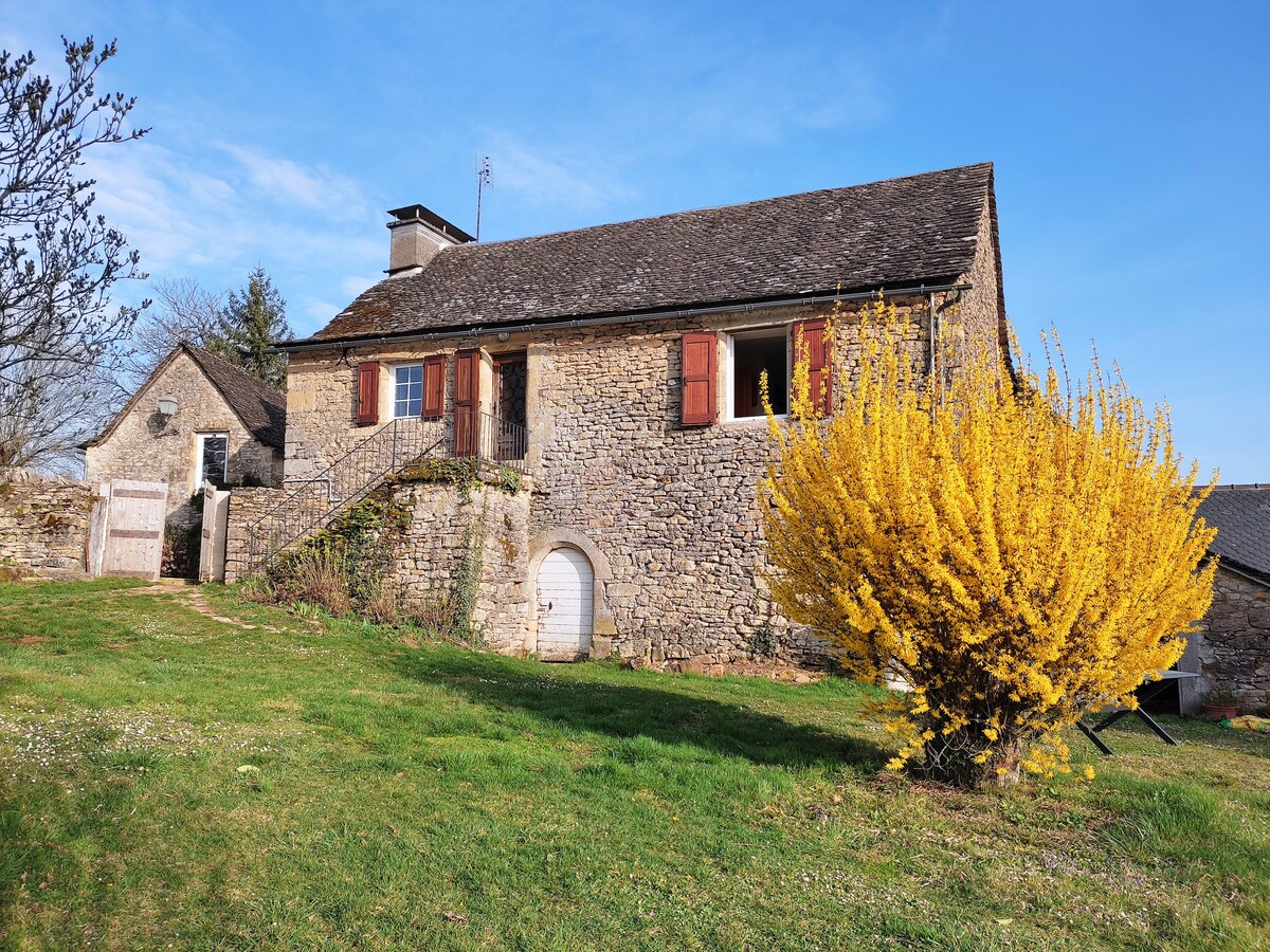 A rustic stone farmhouse is set against a clear blue sky, featuring a sloped roof with slate tiles. Bright yellow flowering bushes create a vibrant contrast in the foreground, leading up to a staircase that accesses the entrance of the home.