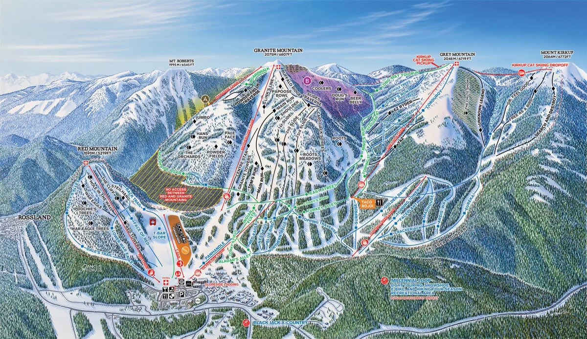 A detailed map of a ski resort is displayed, featuring marked ski runs in various colors, chairlift locations, and surrounding mountain ranges. The paths are clearly labeled, showing accessibility for skiers of different skill levels. Iconography indicates facilities and services available on the premises.