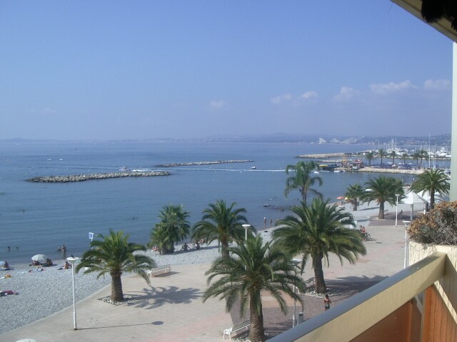 A view of the beach and sea features several palm trees lining the shore. Calm waters are in the foreground, leading to distant mountains on the horizon. The sandy beach is visible, with a few people enjoying the sun and gentle waves.