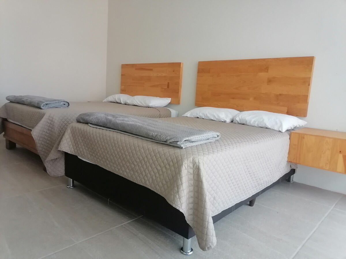 The room contains two spacious beds, each with wooden headboards. Neutral-colored bedding is used, with gray blankets placed at the foot of each bed. Simple wooden nightstands are situated beside the beds, enhancing the minimalist design.