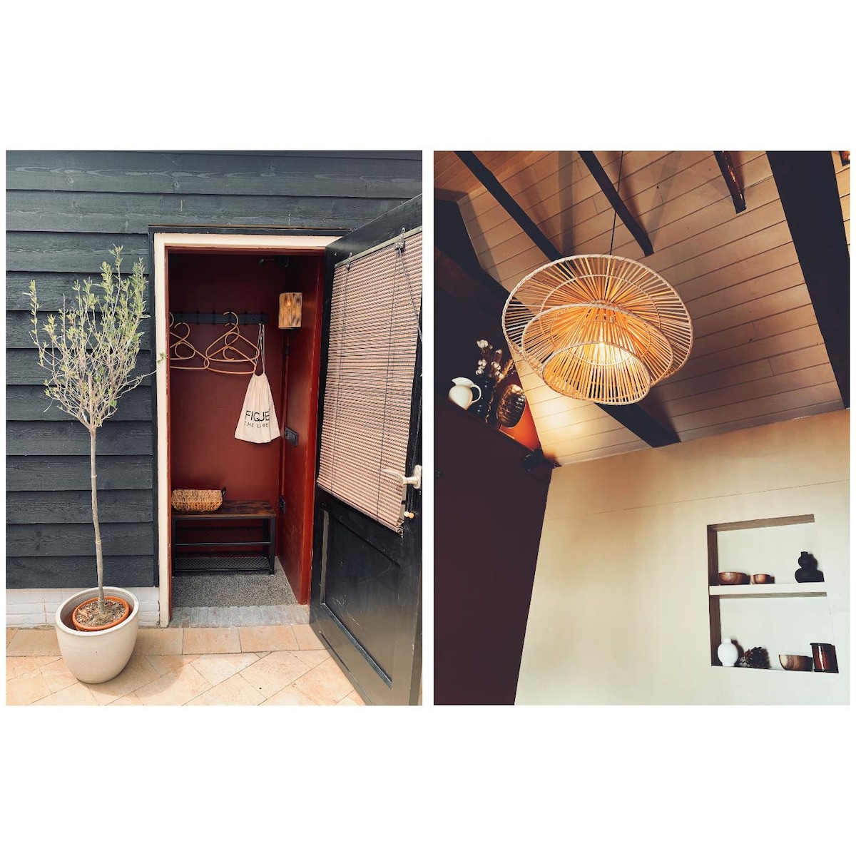 An entrance features a small outdoor area with a potted olive tree beside a door. Inside, a cozy corner includes wall-mounted hooks and a bench, complemented by a striking woven light fixture hanging from the ceiling, with decorative shelves displaying assorted items.